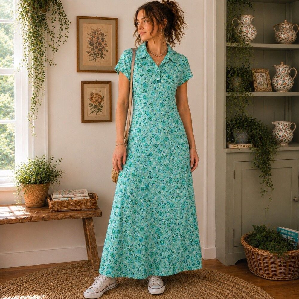 Vintage 90s All That Jazz Floral Maxi Dress Women's Medium Green Blue Collared